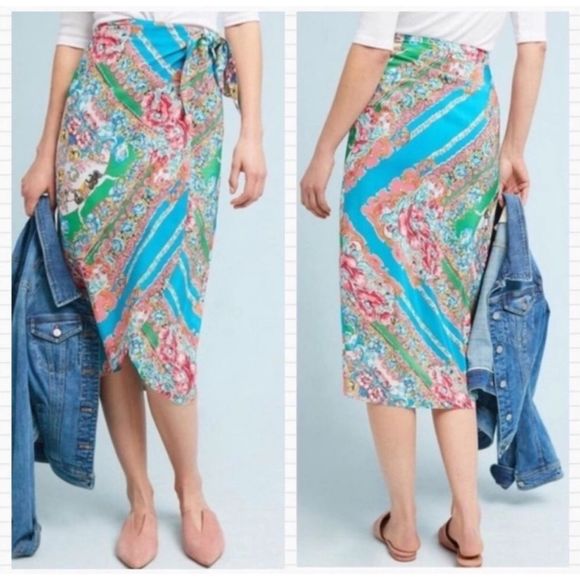 Maeve Anthropologie 14 Bette Silk Turquoise Wrap Skirt - Picture 2 of 6
